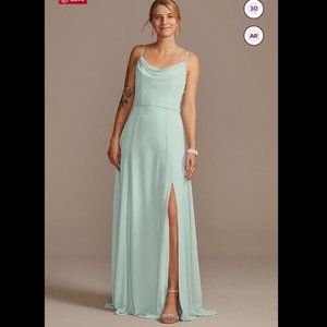 David’s Bridal Cowl Neck Spaghetti Strap Chiffon Bridesmaid Formal Dress w/slit